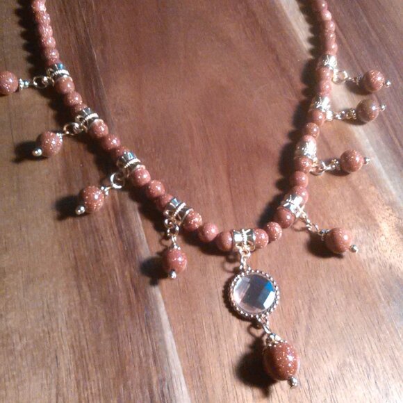 Gold Sandstone and Peach Glass Necklace - Picture 10 of 13